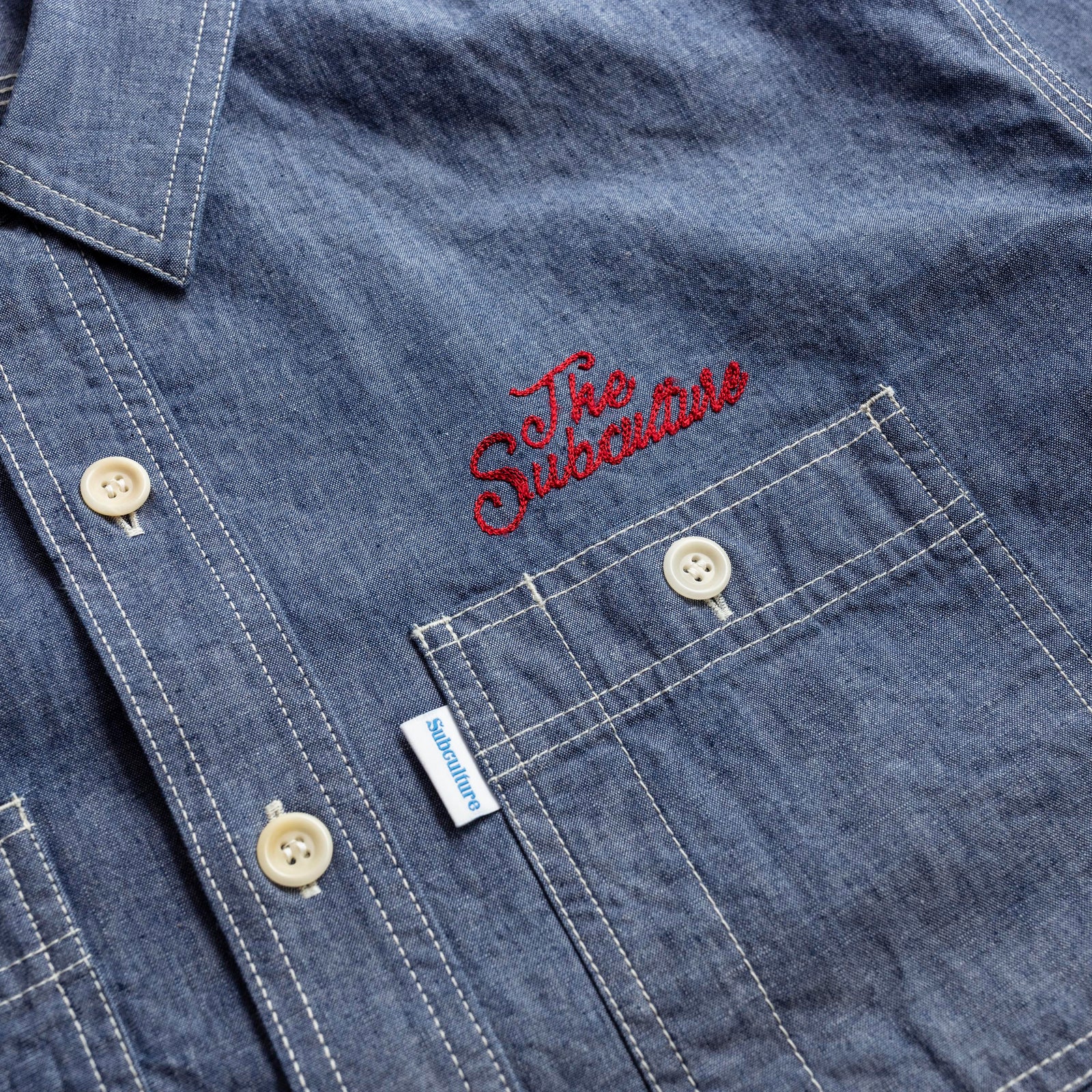 サブカルチャーsc CHAMBRAY SHIRT INDIGO×IVORY刺繍 CHAMBRAY SHIRT / INDIGO×RED刺繍 – SC WEB STORE