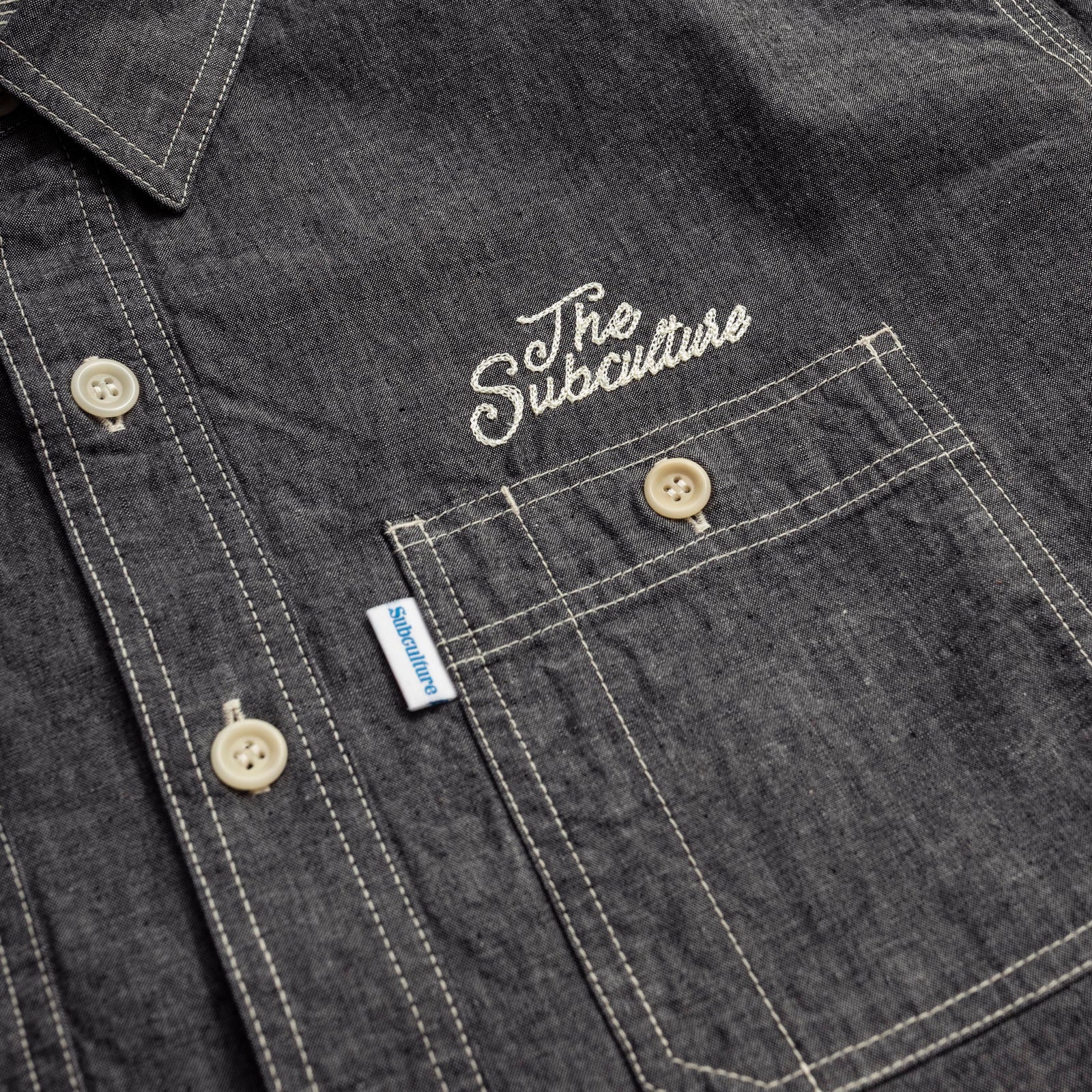 サブカルチャーsc CHAMBRAY SHIRT INDIGO×IVORY刺繍 CHAMBRAY SHIRT / BLACK×IVORY刺繍 – SC WEB STORE