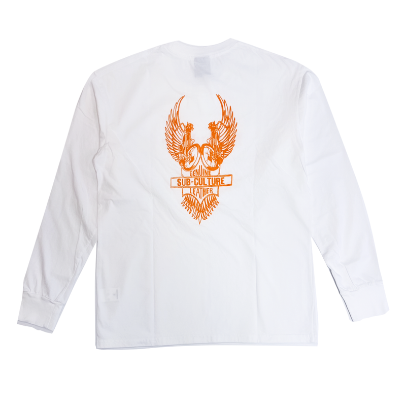 GENUINE LEATHER LONGSLEEVE T-SHIRT/WHITE-ORANGE – SC WEB STORE GENUINE LEATHER LONGSLEEVE T-SHIRT/WHITE-ORANGE – SC WEB STORE